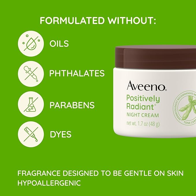 Aveeno Positively Radiant Face & Neck Night Cream with Tone Correcting Soy & Niacinamide, Night Cream Targets Dull Skin & Evens Skin Tone & Texture, Hypoallergenic, 1.7 oz