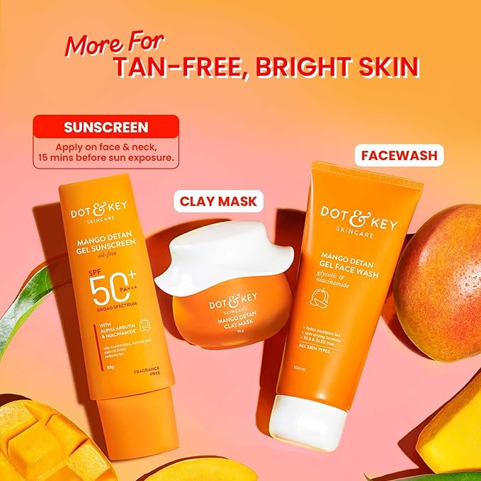 Dot&Keey's Mango Detan Gel Sunscreen SPF 50+ PA+++, Oil-Free, with Alpha-Arbutin, Niacinamide, Water Resistant, for All Skin Types, 80g