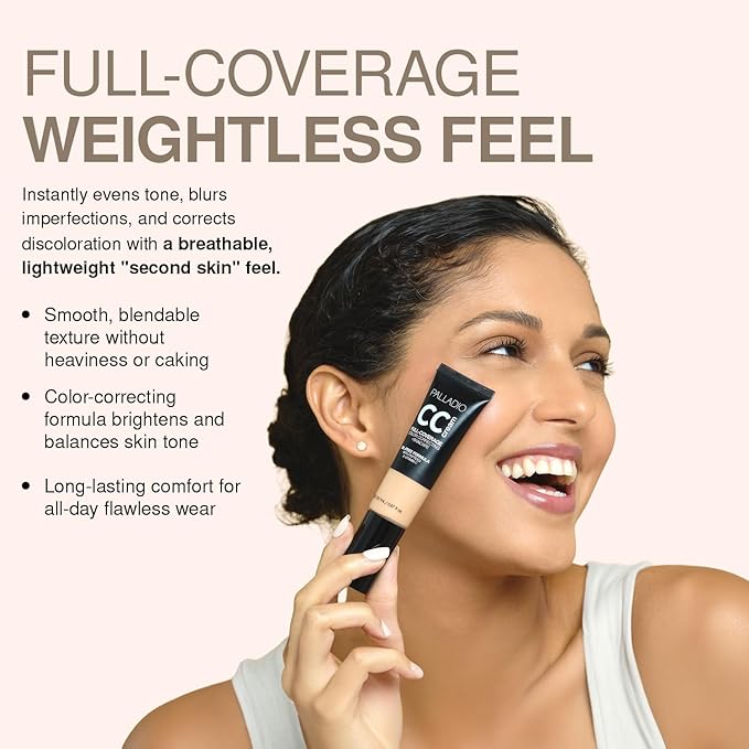 Palladio Full-Coverage Color Correction CC Cream, Oil-Free with Peptides & Vitamin C, Best for Correcting Redness and Uneven Skin Tone, Buildable Foundation Coverage (Light 22N)