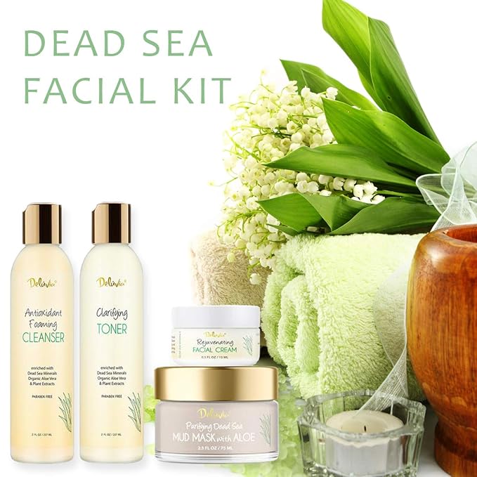 Deluvia Skin Care Set, Travel Size, Gentle Foaming Cleanser Face Wash, Clarifying Facial Toner, Face Moisturizer, Dead Sea Mud Mask, Skin Care Products Deluxe Facial Kit