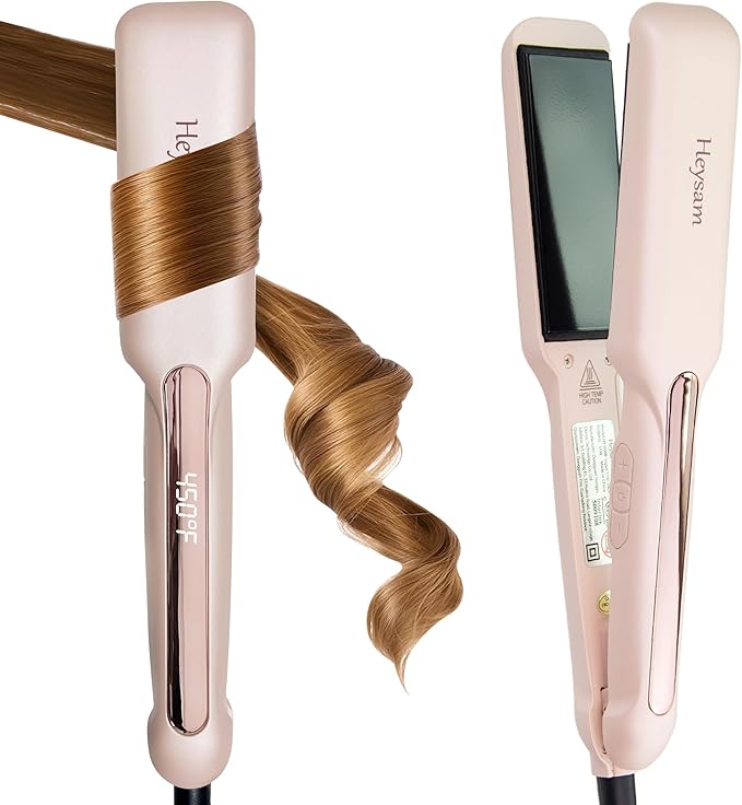 Heysam Flat Iron Hair Straightener and Curler 2 in 1, Travel Portable Dual Voltage Hair Irons for Thick Hair, Wide Ionic Straightener 1.6-Inch, 30S Fast Heating, LCD Display, Smooth & Frizzy, Pink