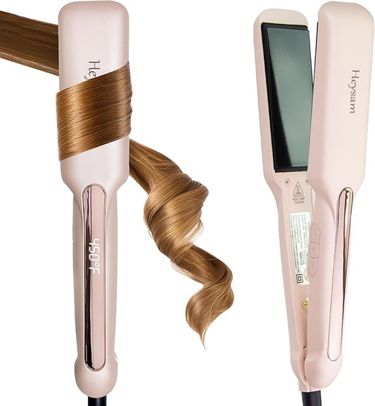 Heysam Flat Iron Hair Straightener and Curler 2 in 1, Travel Portable Dual Voltage Hair Irons for Thick Hair, Wide Ionic Straightener 1.6-Inch, 30S Fast Heating, LCD Display, Smooth & Frizzy, Pink