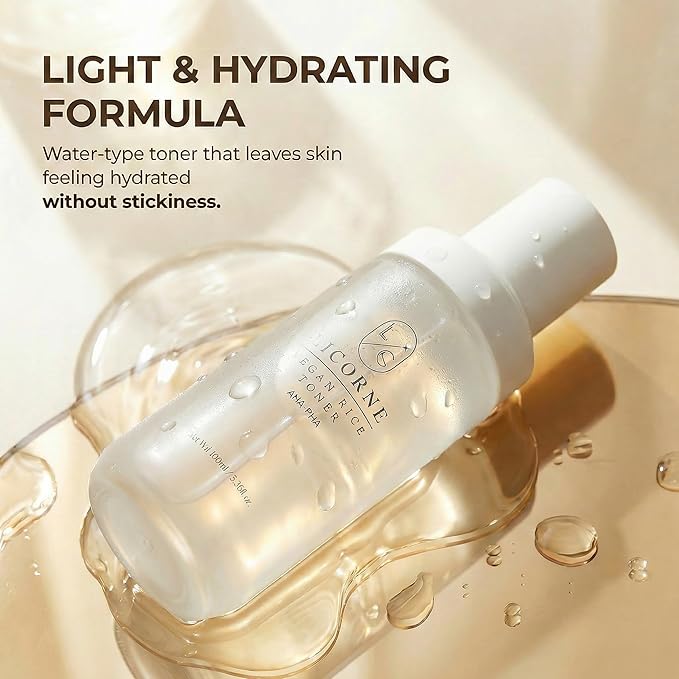 LICORNE Vegan Rice Face Toner - Hydrating & Clarifying Water Essence with AHA, PHA, Gentle Texture Refining Daily Facial Toner for Luminous Glow, 3.38 Fl Oz