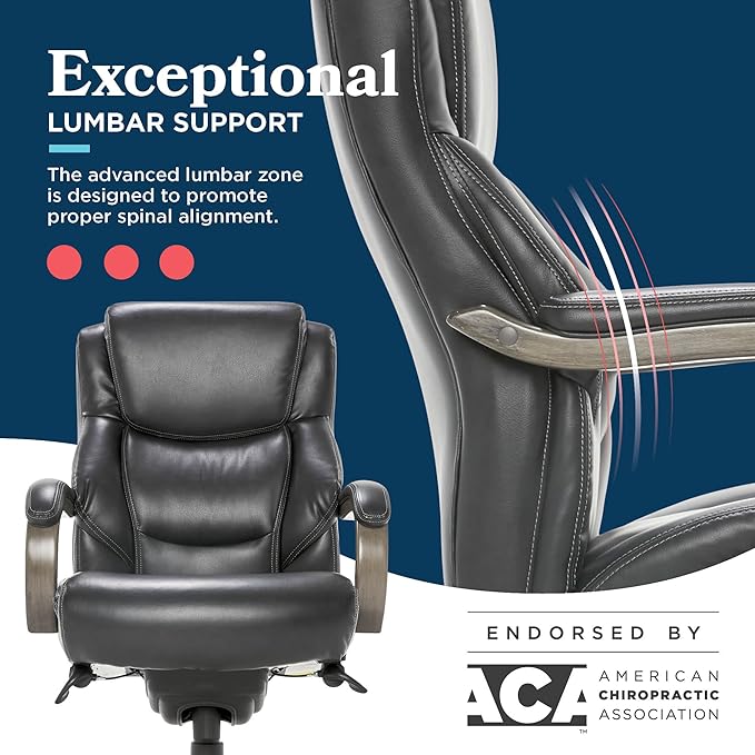 La-Z-Boy Delano Big and Tall Executive Office Chair - Ergonomic Lumbar Support Memory Foam - Bonded Leather Desk Chair for Home Office - Weathered Grey Wood Arms - Black