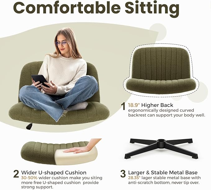 IWMH Criss Cross Velvet Armless Wide Office Chair - No Wheels, Cross Legged with Adjustable Height, Wide Seat, Desk Chair for Home, Office, Bedroom (Green)