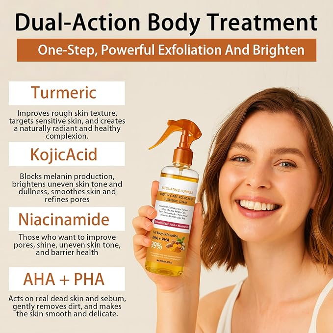 Body Keratin Care Kojic Acid Turmeric Spray 200ml, Turmeric Exfoliating Spray with Retinol, Glutathione, Niacinamide, Vitamin B, C, E, Exfoliates and Brighten Skin for All Skin Types (1)