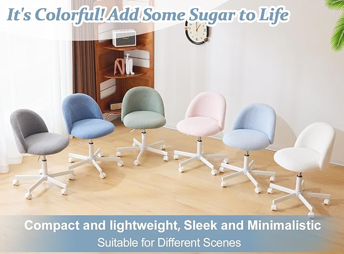 VINGLI Candy Chair Armless Cute Desk Chair,Comfy Small Office Chair with Wheels,Vanity Chair with Lumbar Support,Teddy Adjustable Rolling Swivel Computer Task Chair for Home Office,Bedroom,Poetic Blue