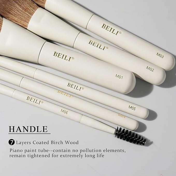 BEILI Mini 6Pcs Makeup Brush Set – Elegant Off White, Professional Travel Brushes for Foundation, Contour, Highlighter & Blending, with Sponge and Gift Box