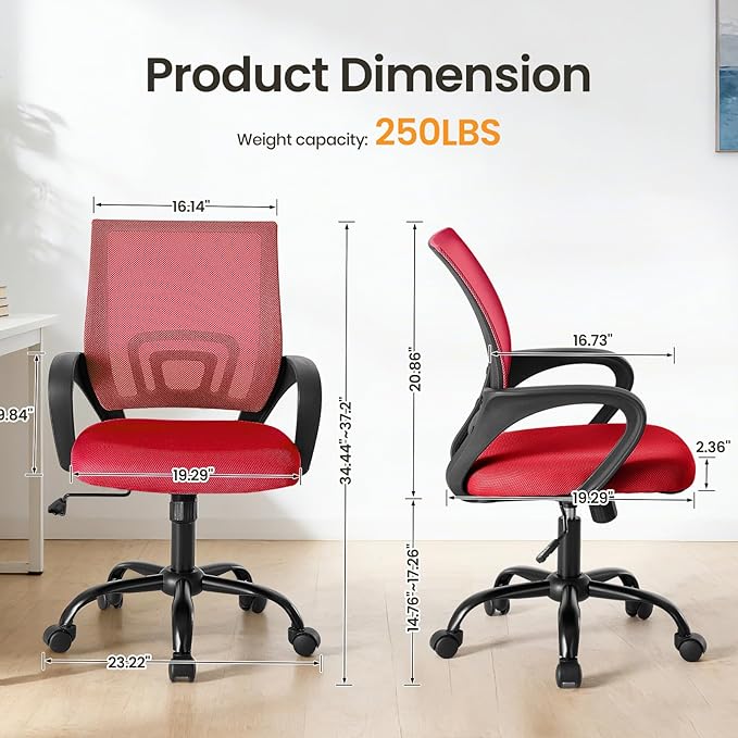 NEWBULIG Red Computer Desk Office Chair, Ergonomic Mid-Back Swivel Rolling Chair with Breathable Backrest and Lumbar Support Wheels, Mesh Office Chairs for Adults Home Task Gaming,1 Pack