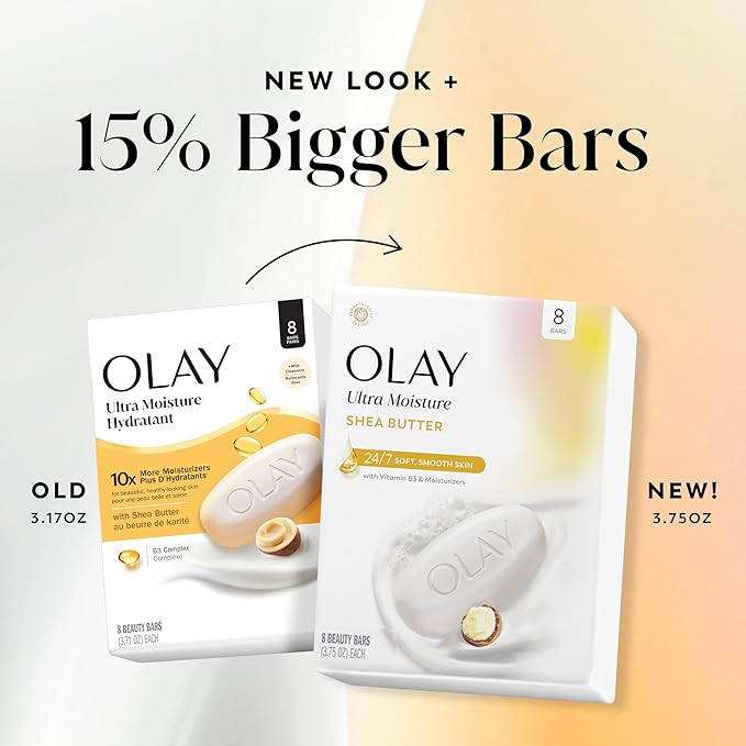 Olay Beauty Bar, Ultra Moisture,10x More Moisturizers, 24/7 Soft & Smooth Skin, Gentle Cleanse on Face & Body, Vitamin B3 Complex, For All Skin Types, Shea Butter Scent, 3.75 oz, (Pack of 8)