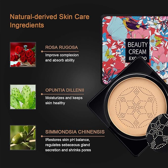 NUIBO 2PCS Air Cushion CC Cream Mushroom Head, Moisturizing Concealer Makeup Base, Primer Liquid Foundation Long Lasting with Two Mushroom Makeup Sponges 【Natural X 2】