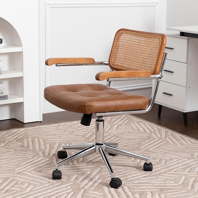 Rattan Office Chairs, Modern Desk Chair with Natural Rattan Back & Wood Armrest, Small Upholstered Tufted Leather Home Office Desk Chairs for Home Ofice, Bedroom, Study (Brown, Genuine leather)