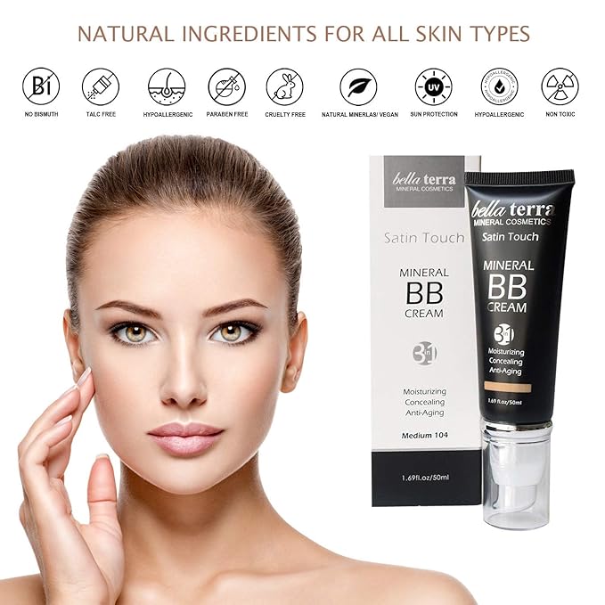 Bellaterra Cosmetics BB Cream Tinted Moisturizer & Mineral Foundation Makeup Dark 108 Natural BB Cream, Oil-Free Matte Finish, Anti-Aging Concealer, Buildable Coverage for All Skin Types,50ml/1.69oz