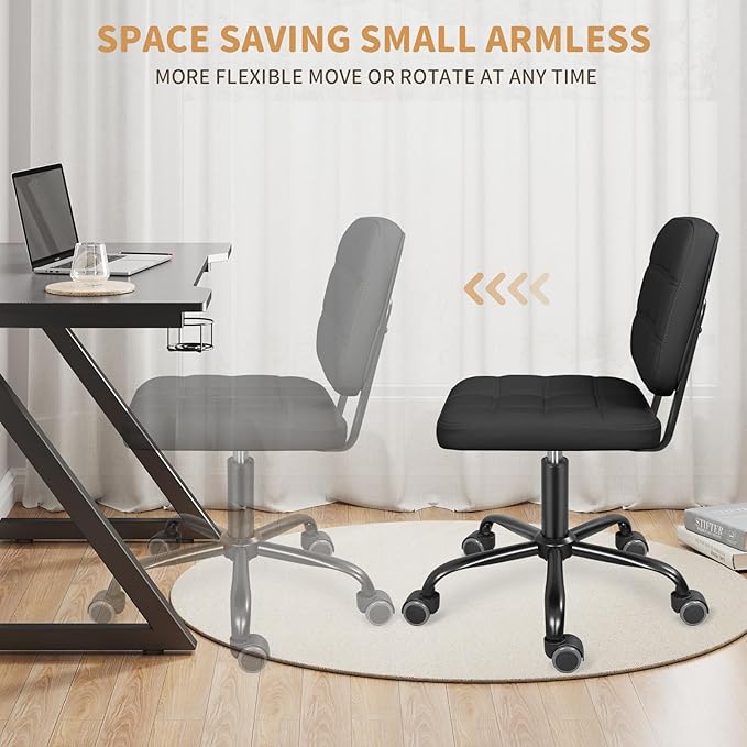 Armless Home Office Desk Chair with Wheels, Modern Ergonomic Drafting Rolling Chair with 360° Swivel Wheels,Height Adjustable Computer Task Chairs for Small Space, Black
