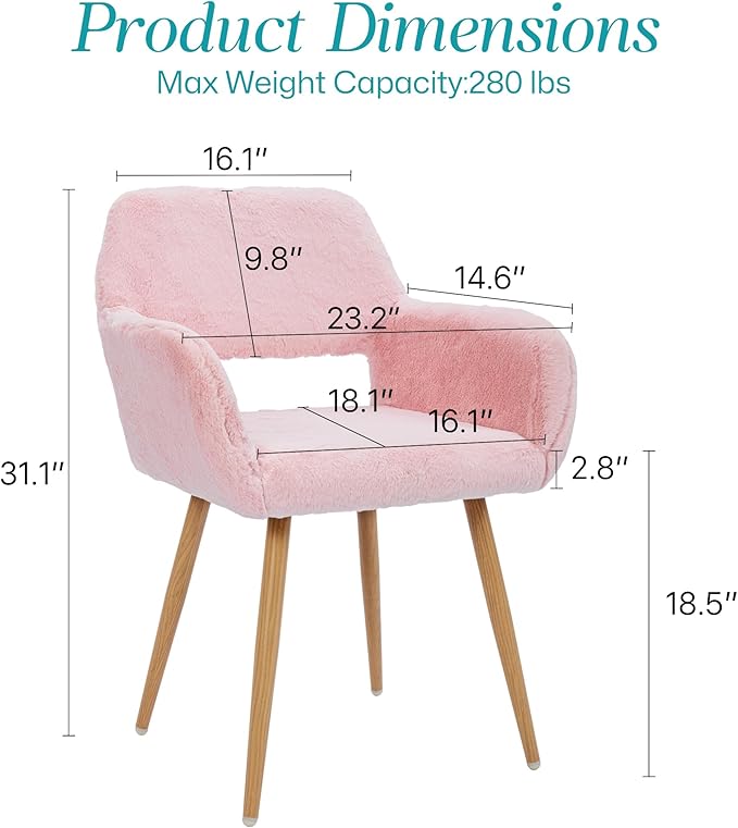 Home Office Faux Fur Desk Chair, Fluffy Makeup Vanity Chair, Comfy Accent Armchair with Wood Grain Metal Legs, Cute Dining with Hollowed Back, Pink