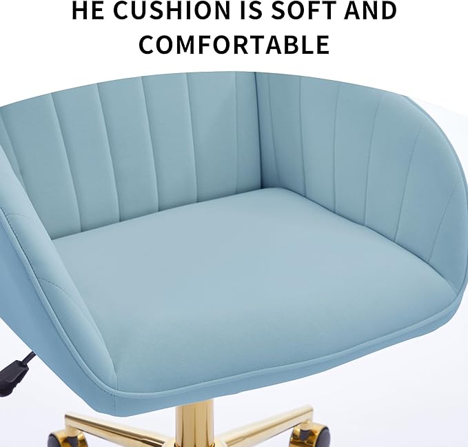 YITAI Velvet Office Desk Armchairs with Gold Base and Wheels,Modern Height Adjustable 360 Degree Swivel Upholstered Vanity Chairs for Living/Room Bedroom/Study,Light Blue