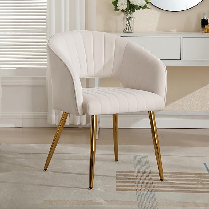 ABET Desk Chair with No Wheels, Velvet Home Office Armchair Gold Legs, Upholstered Modern Accent Chairs, Side Chair for Living Room Bedroom Vanity, Off-White Cream