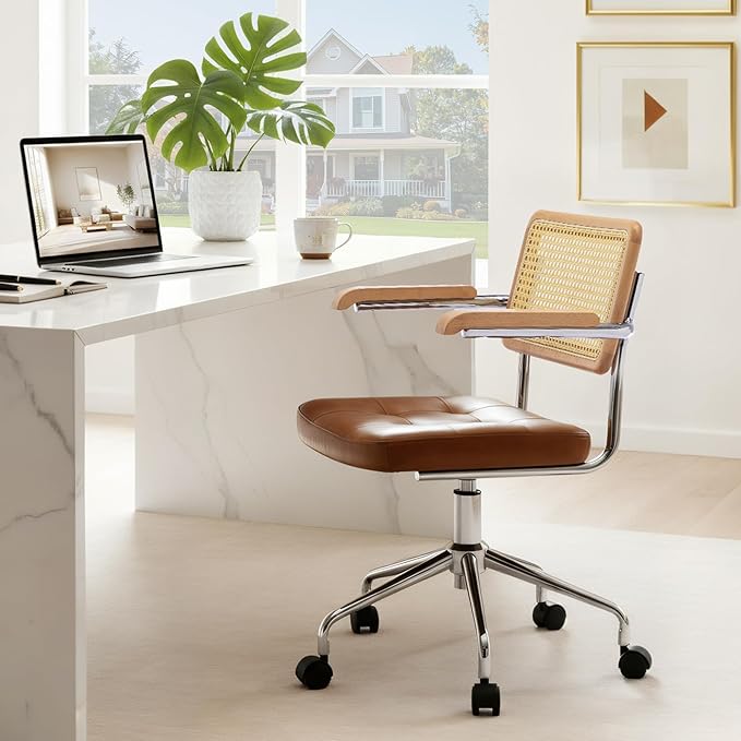 Zesthouse Leather Office Desk Chair with Wheels, Mid Century Rolling Desk Chair with Wood Arm & Natural Rattan Back, Modern Swivel Home Office Chair, Small Height Adjustable Computer Task Chair, Brown