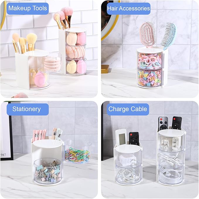 DASITON 2-Layer Makeup Brush Holder with Hair Accessories Organizer, Rotatable Desktop Organizer Case for Hair Clip, Makeup Sponge, Jewelry and Hair Accessories, Hair Brush Holder for Vanity (White)