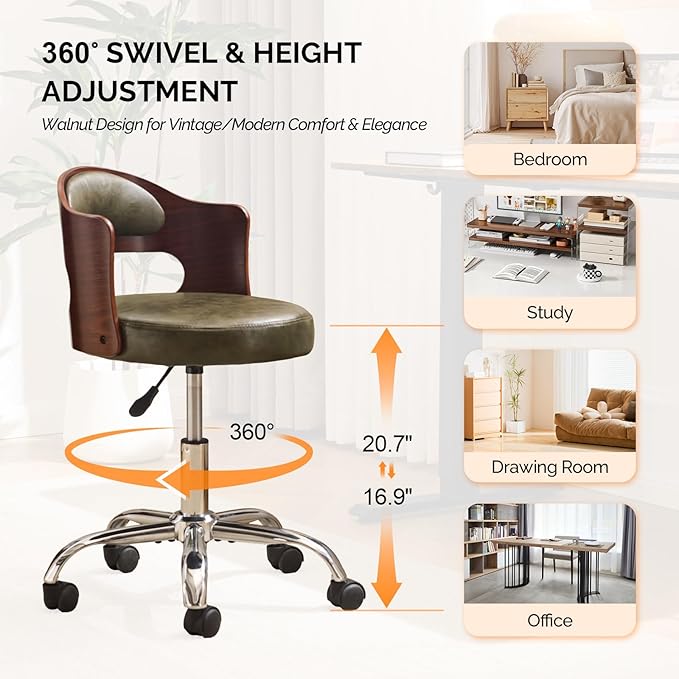 VINGLI Armless Home Office Desk Chair, Adjustable Swivel Chair,Dual-Use with/no Wheels,Small Retro Designed Walnut Curved Task Chair,Cushioned Nail Tech Chair for Study Area,Workspace,PU,Olive Green