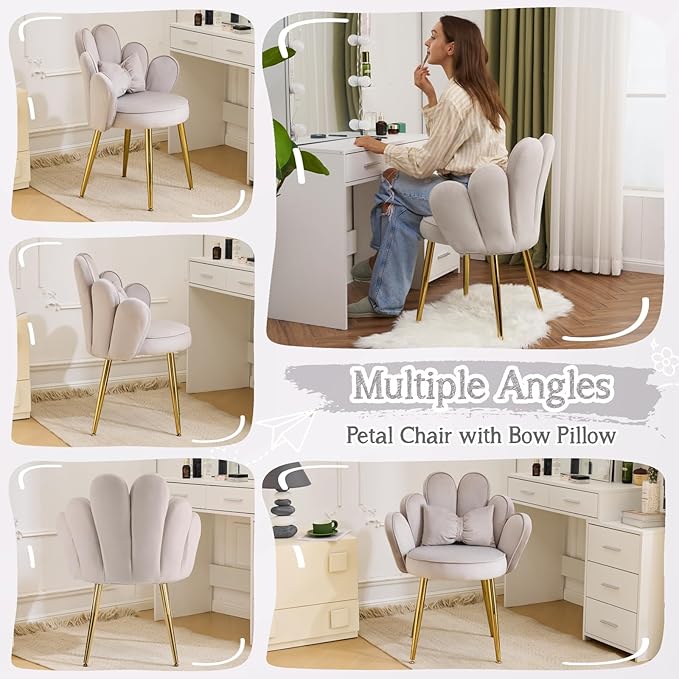 VINGLI Petal Makeup Vanity Chair with Back,Flower Cute Girls Desk Chair Comfy No Wheels,Modern Dining Chair,Small Accent Chair with Adustable Gold Legs&Bow Pillow for Home Office,Bedroom,Velvet,Grey