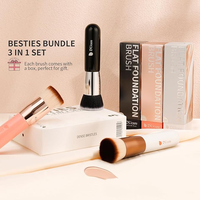 DUcare Large Flat Top Kabuki Foundation Brush 3pcs- Premium Makeup Brush for Liquid, Cream, and Powder - Buffing, Blending, and Face