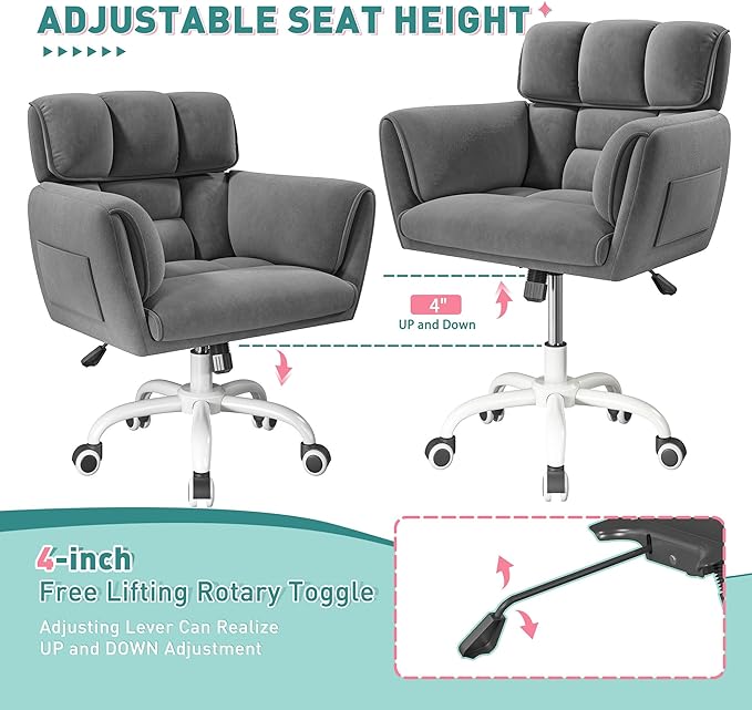 Home Office Chair with Wheels Soft-Touch Material,Modern Cute Vanity Chair with Back Adjustable Height Upholstered Comfy Desk Chairs with Side Pockets for Bedroom,Grey