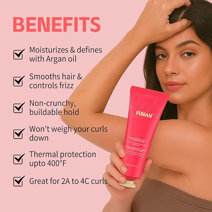 Cactus Fruit 3-In-1 Styling Cream - Smooth Styles, Prep Shiny Blowouts, Defines Curls (5.07 oz.), No Chemical Flavors Fly Away Hair Tamer.