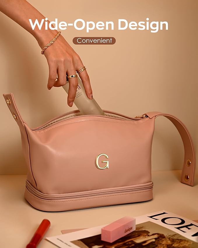 Gifts for Graduates, Personalized Makeup Bag with Handle, Initial Double Layer Cosmetic Bag with Makeup Brush Organizer, PU Leather Travel Toiletry Bag, Gifts for Friends Female Mom