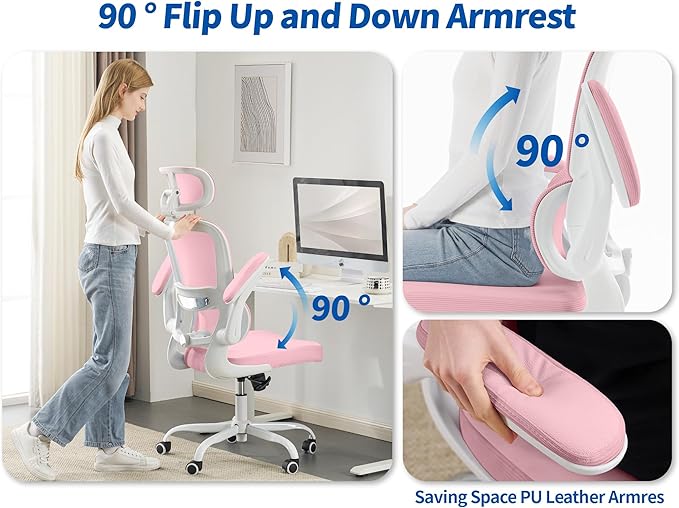 TRALT Ergonomic Office Chair - Desk Chair with Adjustable Headrest Lumbar Support Computer Chair - Mesh Comfy Chair with Flip-up Armrests - Gaming Chairs for Adults Home Office (Leather, Pink)