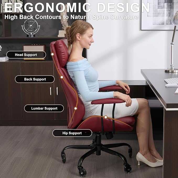 Office Chair, Leather Desk Chair with Rubber Wheels, Ergonomic Computer Chair 500 LBS with Lumbar Support, High Back Executive Chair for Modern Home Office, Red