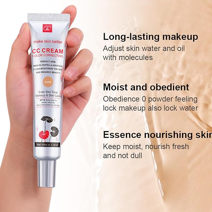 Color Correcting CC Cream with Centella Asiatica, Matte CC Cream with SPF 25, Full Coverage, Concealer Blemish, Invisible Pore, Even Skin Tone, Long Lasting Hydrating Pre-Makeup Primer