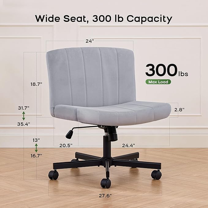 LukkDys Criss Cross Chair with Wheels, Wide Cross Legged Desk Chair, Comfy Fabric Vanity Chair for Home Office Bedroom, Adjustable Armless Swivel Task Chair with 90–115° Tilt, Gray