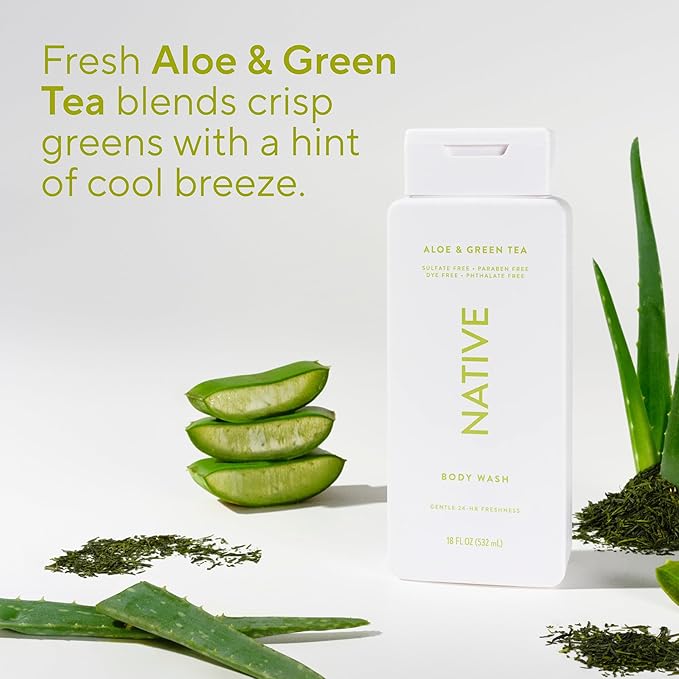 Native Body Wash Contains Naturally Derived Ingredients | For Women & Men, Sulfate, Paraben, & Dye Free Leaving Skin Soft and Hydrated |Aloe & Green Tea 18 oz