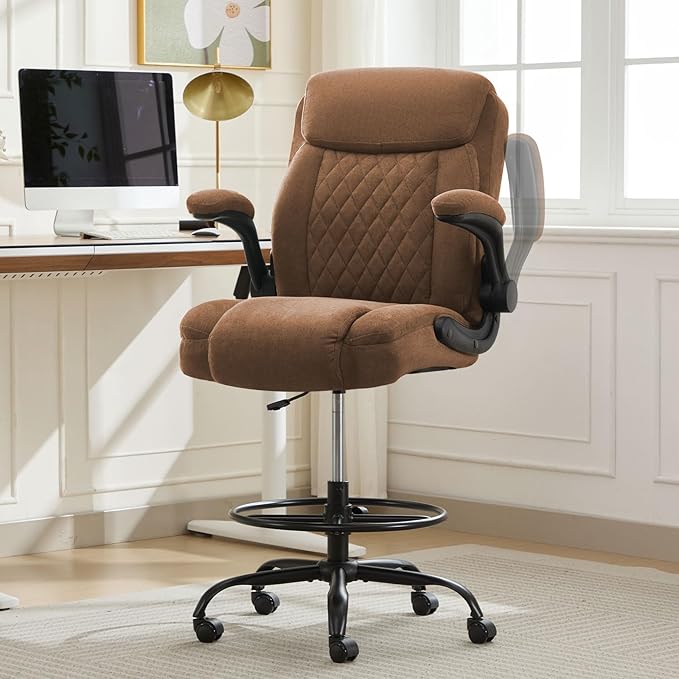 Drafting Chair for Standing Desk – Tall Office Chair with Adjustable Height & Foot Ring, Flip-Up Arms, Lumbar Support – Comfortable Fabric Seat, Ideal Home Desk Chair
