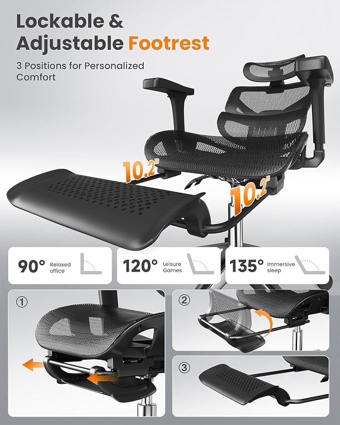 naspaluro Ergonomic Office Chair, High Back Mesh Desk Chair, 350lbs Capacity, Lumbar Support, 3D Armrest Headrest, Footrest, PU Wheels, Swivel Computer Chair for Home Office, Work & Gaming