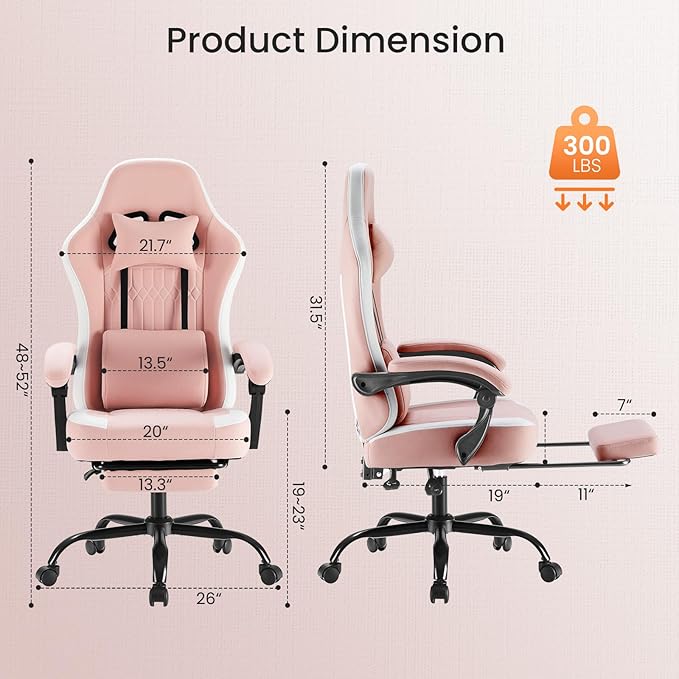 NEWBULIG Gaming Chair with Footrest – High Back Ergonomic Computer Desk Chair with Lumbar Support, Headrest, Linkage Armrests, Reclining Office Chair with 360° Swivel & Height Adjustment, Pink