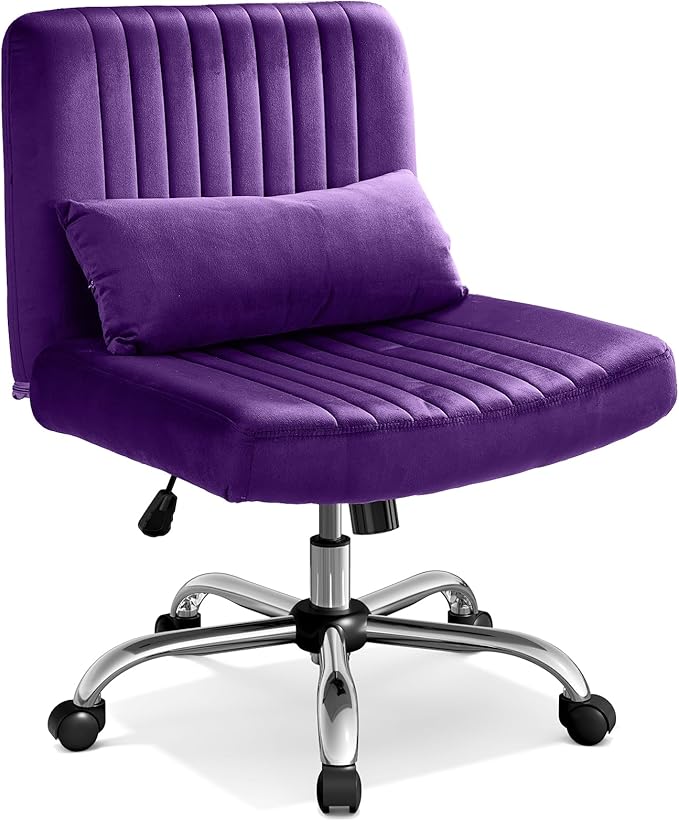 Warmiehomy Velvet Criss Cross Chair with Wheels, Cross Legged Office Chair, Comfy Desk Chair for Home Office, Ergonomic Computer Chair, Wide Seat Vanity Chair, Birthday Gift for Women, Purple