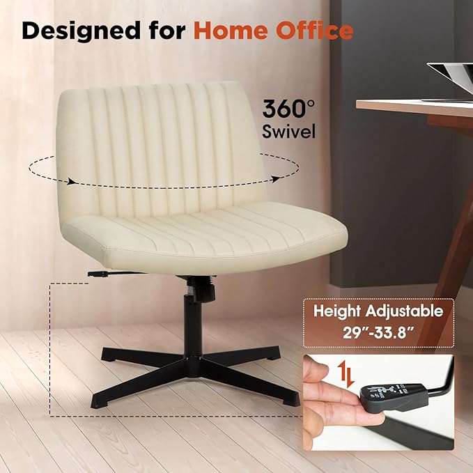 PayLessHere | Criss Cross Chair | Beige | Wide, Armless Desk Chair Without Wheels | 360 Swivel, Height Adjustable & Stable Metal Base | for Office, Home Office, Vanity Seating