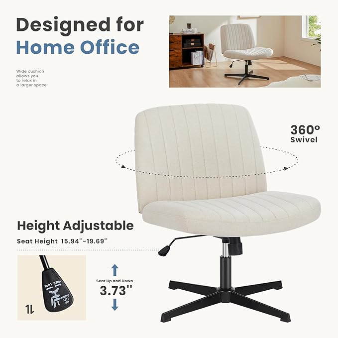 DUMOS Criss Cross Chair No Wheels Wide Cross Legged Office Desk Vanity Chair Comfy Fabric Armless Adjustable Swivel for Home Computer Task (Beige)