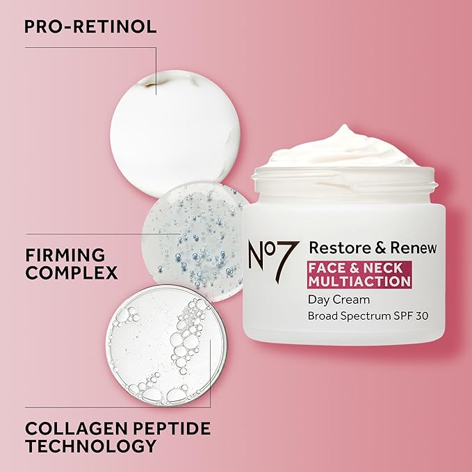 No7 Restore & Renew Multi Action Face & Neck SPF 30 Day Cream - Firming & Hydrating Face Moisturizer with Hyaluronic Acid to Help Reduce the Appearance of Wrinkles - Fragrance-Free (1.69 Fl Oz)