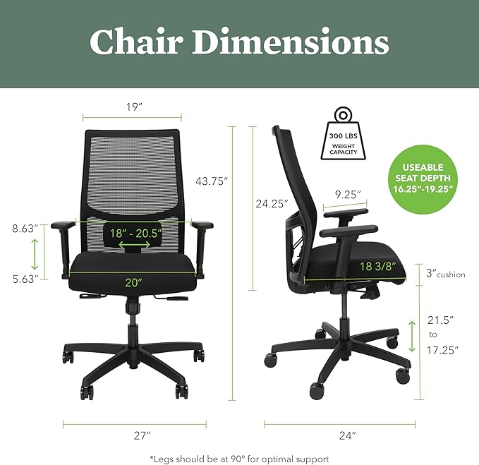 HON Ignition 2.0 Mid Back Task Chair, Standard Synchro-Tilt Control, Office Chair with Lumbar Support, Height and Width Adjustable Arms, Titanium Frame, Black