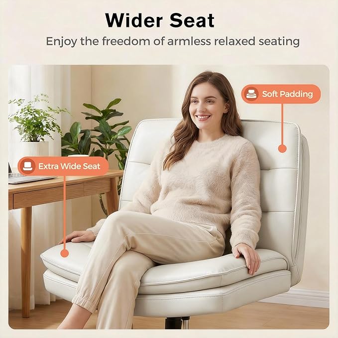 GTPLAYER Cross Legged Office Chair, Armless Desk Chair Cute Vanity Chair with Wheels Computer Chair Comfy Wide Office Chair Adjustable Swivel for Home Computer Task,Pu Leather Beige