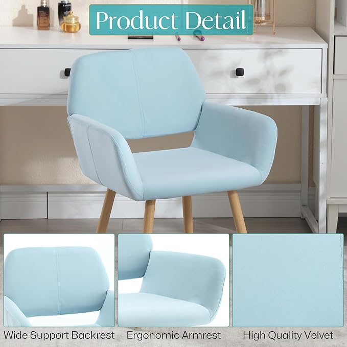 Home Office Velvet Desk Chair, Makeup Vanity Chair, Comfy Accent Armchair with Wood Grain Metal Legs, Cute Dining with Hollowed Back, Light Blue