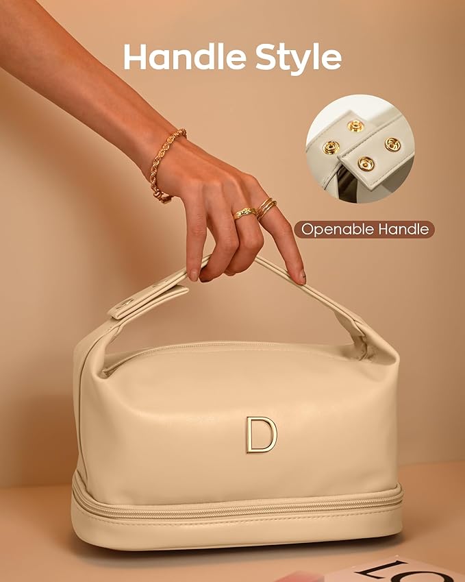 Gifts for Women, Initial Makeup Bag, Waterproof Double Layer Cosmetic Bag, Large Capacity PU Leather Makeup Bags Letter Travel Toiletry Bag with Makeup Brush Organizer