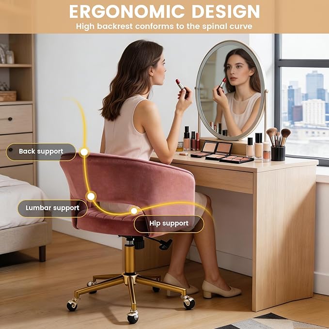 Vanity Chair with Back 360 Swivel Armchair and Gold Base, Criss Cross Chair with Wheels for Vanity Home Office, Living Room, Bedroom and Study (Pink)