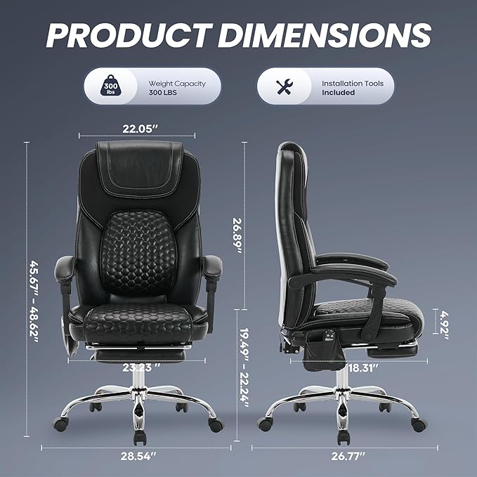 Massage Office Chair with 3-Level Heat and Footrest – 20-Min Easy Assembly, 300 lbs Big and Tall Desk Chair, PU Leather Ergonomic Executive Computer Chair with Side Pocket, Black,Set of 2