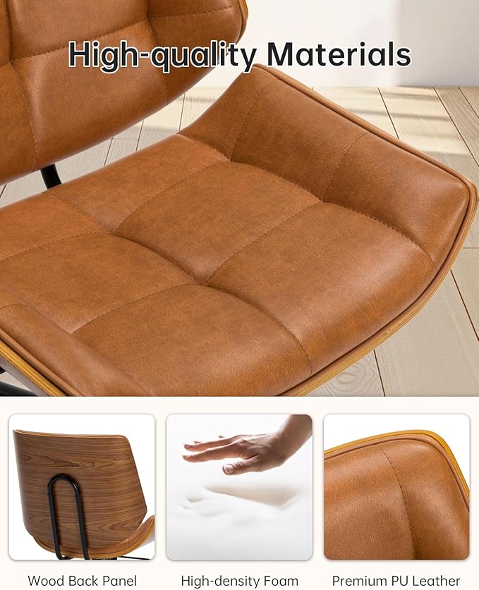 Mid-Century Modern Home Office Chair,Adjustable Height Desk Chair with Walnut Finish&PU Leather,Armless Executive Computer Chair with 360° Swivel Rolling Wheels for Vanity, Bedroom&Workspace (Brown)