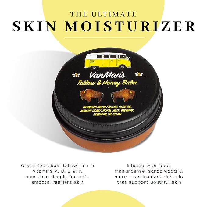 Vanman’s - Tiny Bison Tallow and Honey Balm - Grass-Fed/Finished Bison Tallow and Manuka Honey Cream with Royal Jelly, Essential Oils - Cream for Dry, Delicate Skin - Bison Tallow Skin Care - 0.25 oz