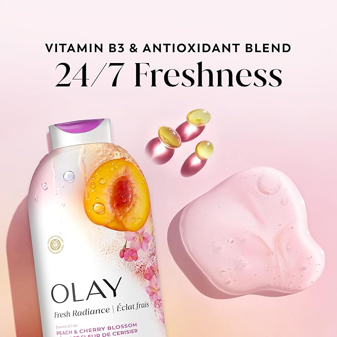 Olay Body Wash for Women, Fresh Radiance, 24/7 Skin-Loving Freshness, Visibly Radiant, Plant Based Cleansers, Vitamin B3 & Antioxidant Blend, For All Skin Types, Peach & Cherry Blossom Scent, 22 fl oz